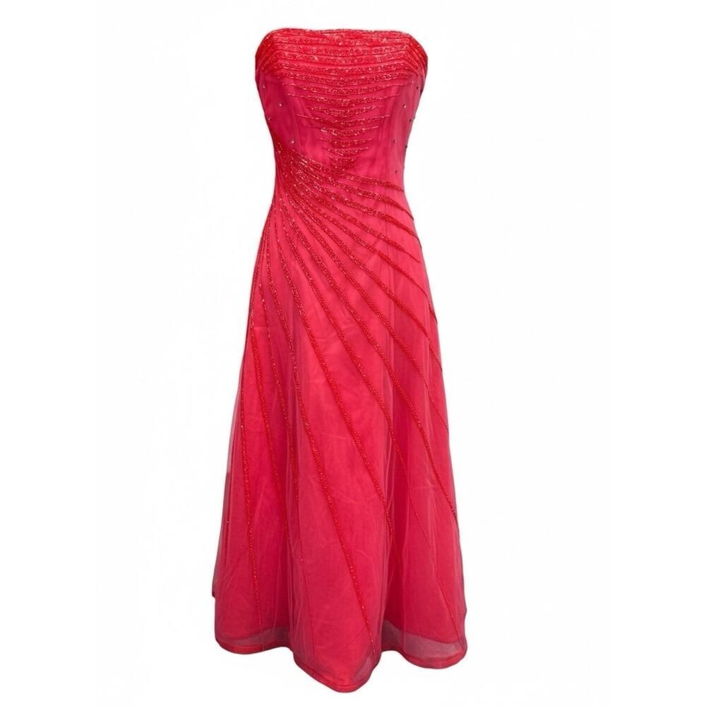 Cache Hot Pink Strapless Beaded Mesh Dress Y2K Formal Small